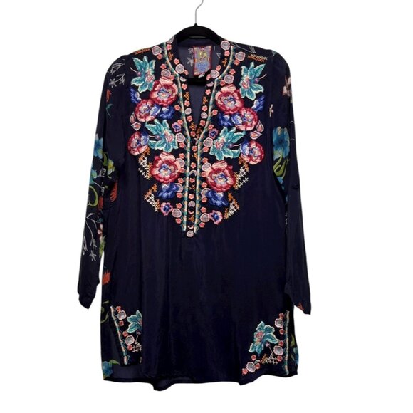 Johnny Was Tops - Johnny Was Embroidered Floral Tunic Shirt Navy Blue Long Sleeve V Neck‎ XS